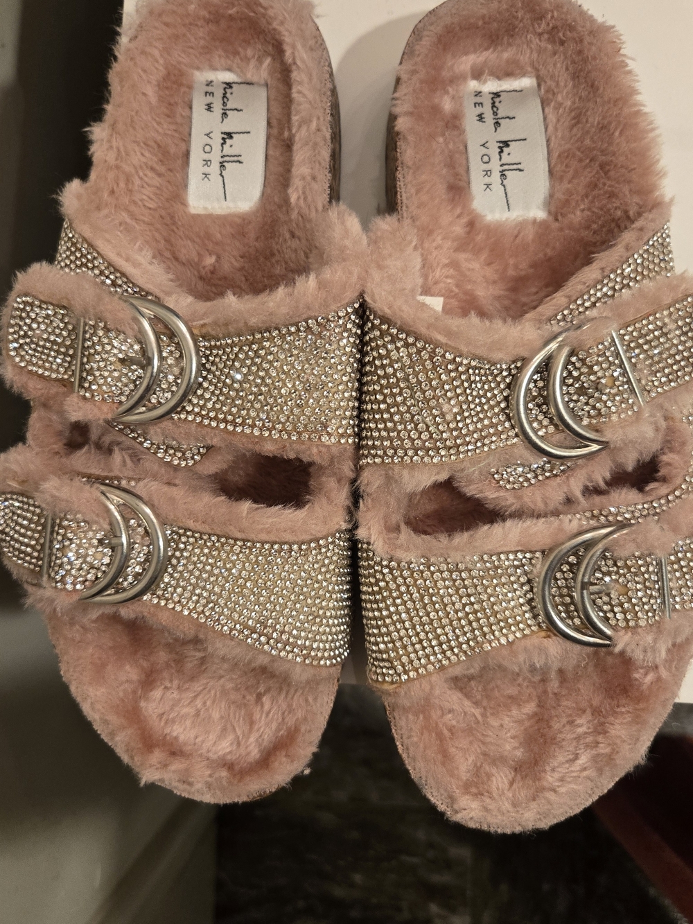 Nicole Miller Blush Pink Faux-Fur Jeweled Buckle Slides